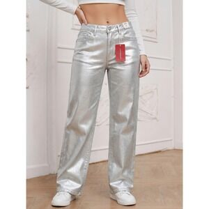 NEW Lucky Brand 90s Loose High Rise Crop Metallic Silver Stretch Jeans 8/29